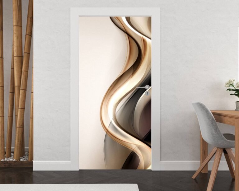 Abstract Gold and Brown Wave Door Sticker Peel & Stick Vinyl Door Wrap Art Décor