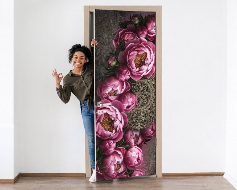 Peonies on The Wall Door Sticker Peel & Stick Vinyl Door Wrap Art Décor