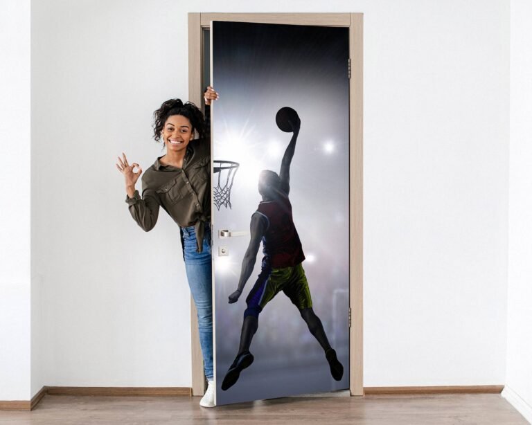 Basketball Player in Action Door Sticker Peel & Stick Vinyl Door Wrap Art Décor