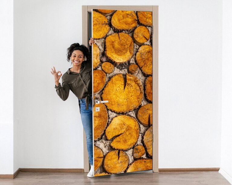 Wood Logs Door Sticker Peel & Stick Vinyl Door Wrap Art Décor