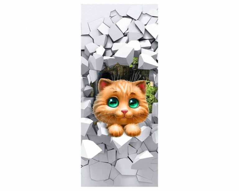 Cat Peeking From a Broken Wall Door Sticker Peel & Stick Vinyl Door Wrap Art Décor