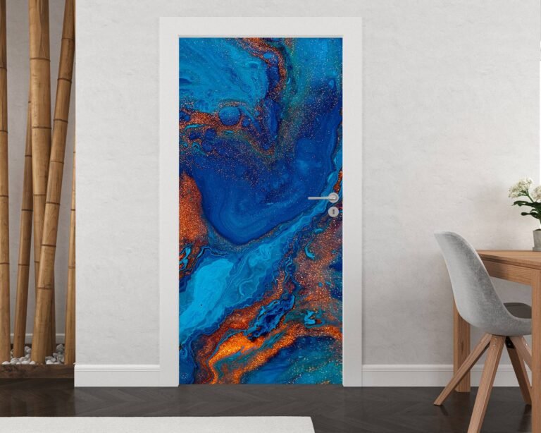 Blue and Orange Mix Marble Door Sticker Peel & Stick Vinyl Door Wrap Art Décor