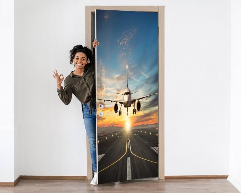 Airplane and Sunset Door Sticker Peel & Stick Vinyl Door Wrap Art Décor