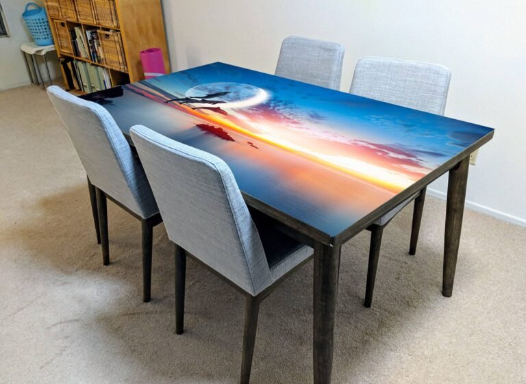 Sunset Ocean Dolphins Table Wrap Sticker Laminated Vinyl Cover Self-Adhesive for Desk and Tables