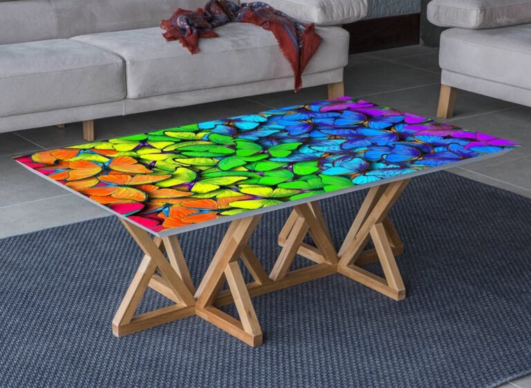 Rainbow Butterflies Table Wrap Sticker Laminated Vinyl Cover Self-Adhesive for Desk and Tables