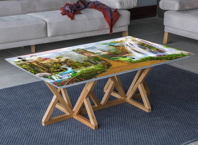 Mountain Bridge Landscape Table Wrap Sticker Laminated Vinyl Cover Self-Adhesive for Desk and Tables