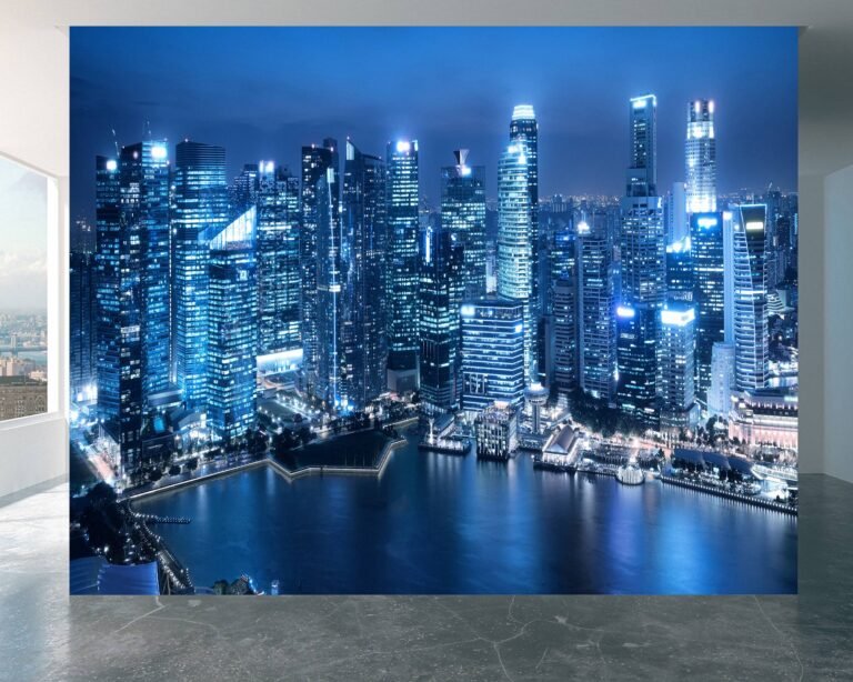 Singapore cityscape with night reflections on vinyl mural