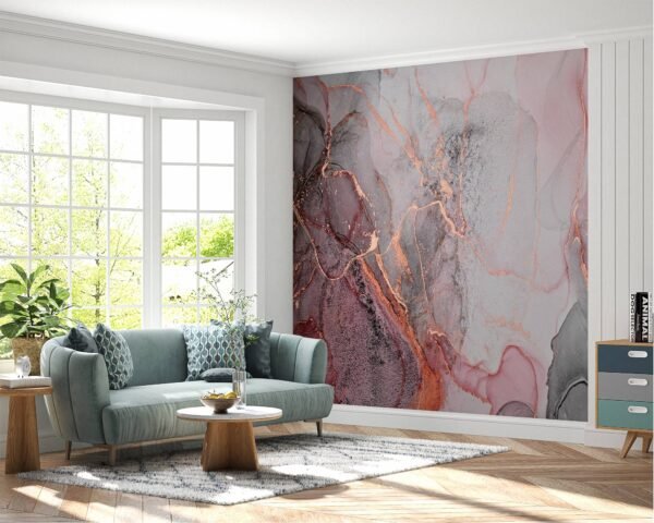 Contemporary bedroom enhanced with chic pink marble effect wallpaper.