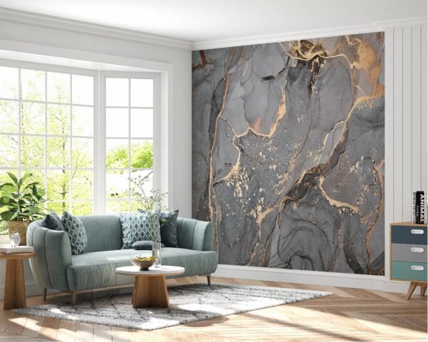 Neutral-toned Living Room Wallpaper, featuring a grey marble design.