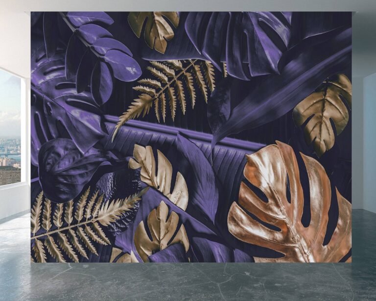 Exotic purple monstera design on office wall mural.