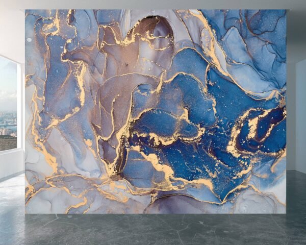 Blue Gold Marble Wallpaper - Peel and Stick Wallpaper, Office Wall Decor, Marble Wall Design, Wall Decoration, Removable Wallpaper