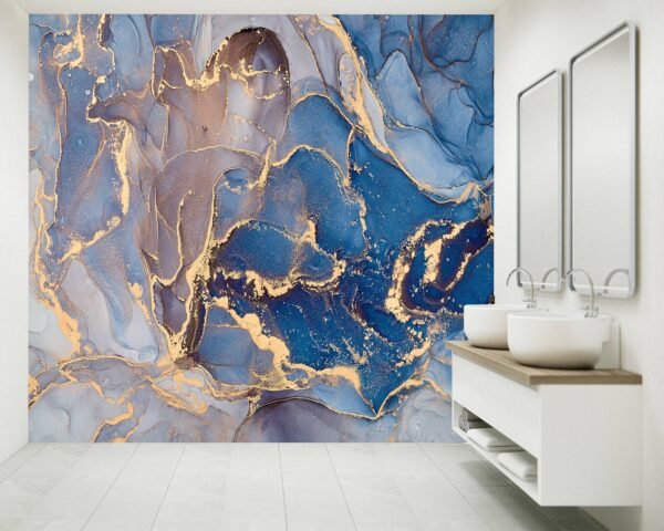 Blue Gold Marble Wallpaper - Peel and Stick Wallpaper, Office Wall Decor, Marble Wall Design, Wall Decoration, Removable Wallpaper